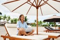 Business Woman Working Online On Beach. Freelance Computer Internet