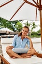 Business Woman Working Online On Beach. Freelance Computer Internet Royalty Free Stock Photo