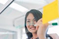 Business woman working and writing on the glass board in office. Lifestyle female work concept. depressed businesswoman Royalty Free Stock Photo