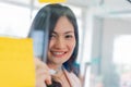 Business woman working and writing on the glass board in office. Lifestyle female work concept. depressed businesswoman Royalty Free Stock Photo