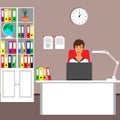 Business Woman at the workplace, Desk, laptop, Cabinet, lamp, chair, wall clock, globe, folders, documents. Vector illustration in
