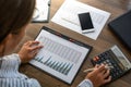 Business woman at workplace at wooden office table analyzes the data, schedules, prices, makes calculations on a calculator Royalty Free Stock Photo