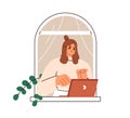 Business woman works online from home. Female freelancer at laptop computer, looking out of window inside house Royalty Free Stock Photo