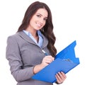 Business woman writing on clipboard Royalty Free Stock Photo