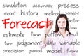 Business woman writing forecast concept. Isolated on white. Royalty Free Stock Photo