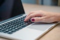 Business woman writing notes working on her office. Morning at a creative studio. Graphic design, mock up screens. glasses, pens, Royalty Free Stock Photo