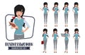 Business woman young character vector set. Female student characters or office employee staff in different standing pose.