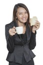 Business woman young pretty drinking coffee and breakfast Friend Royalty Free Stock Photo