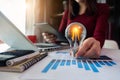 Business women entrepreneurs show creative business strategies with light bulbs as a concept. Royalty Free Stock Photo