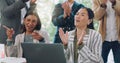 Business women, excited team and applause in meeting, tradeshow and achievement of success. Diversity, crowd and happy Royalty Free Stock Photo