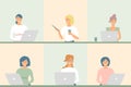 Business women flat avatars set with smiling face. Work team icons collection. Colleagues girls with notebooks,tablet and cups of