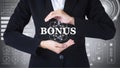 Business women holding posts in bonus. Royalty Free Stock Photo