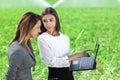 Business women with a laptop in a field with agriculture irrigation system Royalty Free Stock Photo