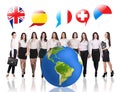 Business women near big earth and flag bubbles Royalty Free Stock Photo