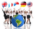 Business women near big earth and flag bubbles Royalty Free Stock Photo