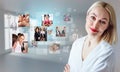 Business woman near images with her different hobbies. Royalty Free Stock Photo