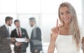 Business woman pushing on a glass Board. Royalty Free Stock Photo