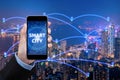 Business women show Smart city connection with smartphone over smart city communication network Royalty Free Stock Photo