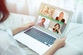 Business women stay work from home closeup zoom meeting video call with business partner with laptop during self quarantine