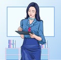 Business women with touchscreen note at office Illustration vector On pop art comics style Boards colorful background