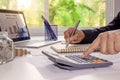 Business women use calculators to calculate annual reports, including laptops and notebooks on wooden desks for work, work ideas.