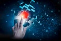 Business women use finger touch a cube,symbol of modernity, and innovation with new concept,dark blue background,technology change