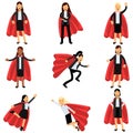 Business women wearing formal office costumes with red superhero capes. Female characters in different poses. Successful