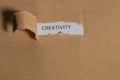 The business word Creativity written on vintage paper. Top view. Torn paper revealing the word. Innovation and ideas