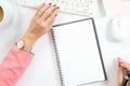 Business at work. close up hands woman working using laptop computer, .side view of business using computer working in the office Royalty Free Stock Photo