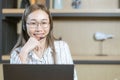 Business working woman work at call center customer support team staff on call with headset happy smile portrait Royalty Free Stock Photo