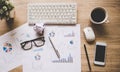 Business workplace with keyboard mouse and crumpled paper balls ,papers with graphs and diagrams .