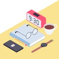Business workspace layout with office supplies on the desk isometric flat design style