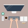 Business workspace layout with office supplies flat design