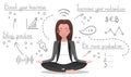 Business yoga concept, woman meditates, make plans and generates ideas on white isolated background.
