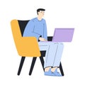 Business with Young Man Character Sitting on Chair with Laptop Vector Illustration Royalty Free Stock Photo