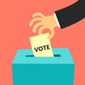 Hand putting vote into ballot box, Election concept, Simple flat colorful design for web site, logo, app, UI, Vector illustration. Royalty Free Stock Photo