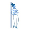 Businesslady in dotted blouse standing leaning against the wall with her arms crossed. Concept for banners, infographics