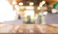 Businessman on abstract blur light effect backgroundEmpty wooden table top with lights bokeh on blur restaurant background