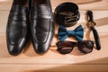 Businessman accessories. Man`s style. Men`s Accessories : Men`s butterfly, Men`s shoes , men`s watches. Royalty Free Stock Photo