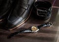 Businessman accessories. Man`s style. Men`s Accessories : Men`s butterfly, Men`s shoes , men`s watches. Royalty Free Stock Photo