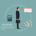 Businessman accountant. Concept of calculation and accounting. Vector illustration in flat design. Man working with reports, finan