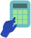 Businessman, accountant working with device to count. Hands hold calculator with buttons and display