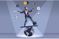 Businessman Acrobatically Stands on Unstable World Globe Juggling with Many Items