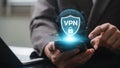 Businessman activating VPN on smartphone with global digital network icon, showcasing mobile cybersecurity, encrypted data Royalty Free Stock Photo
