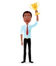 Businessman african winner success concept character vector excited cartoon male raising up trophy isolated on white background