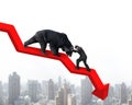 Businessman against bear on arrow downward trend line with citys Royalty Free Stock Photo