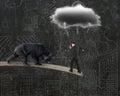 Businessman against bear balancing on plank with gray cloud rain