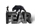 Businessman against black bear balancing on 3d fear concrete word