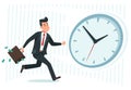 Businessman against time. Busy business worker catching up watch clock, running man and late cartoon vector illustration Royalty Free Stock Photo