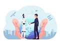 Businessman and ai robot shaking hand of against the world and satellite in background